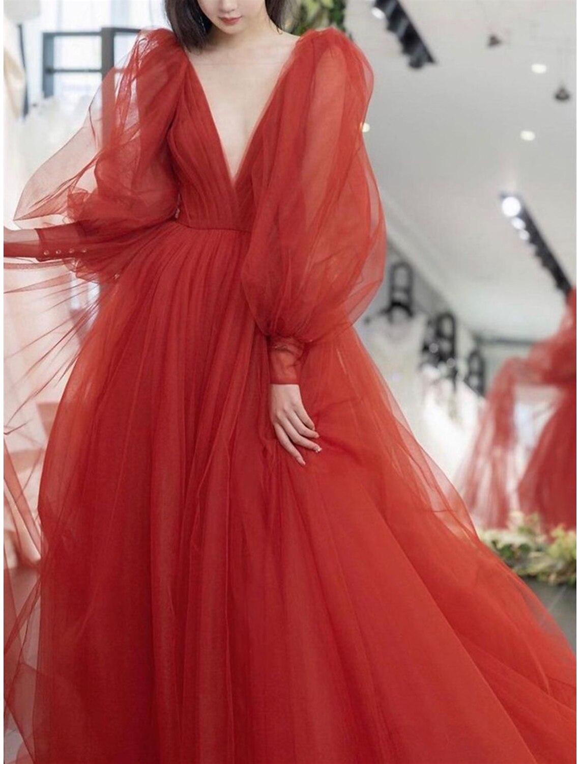 A-Line Prom Dresses Elegant Dress Engagement Prom Watteau Train Long Sleeve V Neck Tulle V Back with Sleek Pure Color